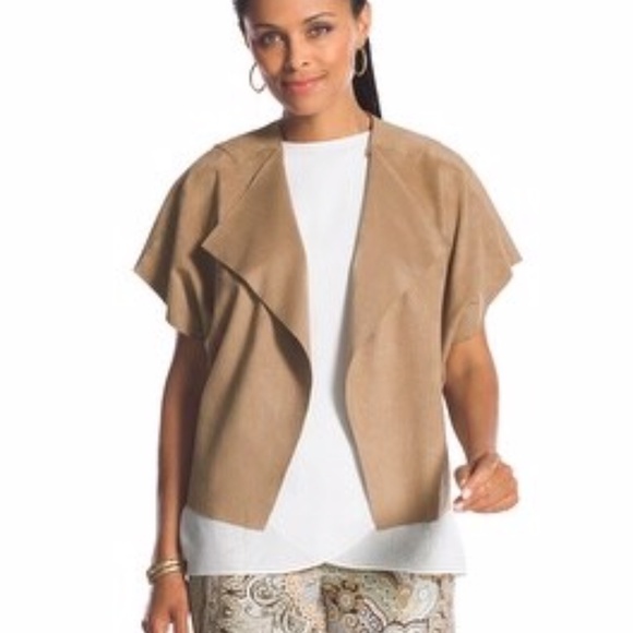 ChicosOpen Front Womens Size 3 Brown Faux Suede Short Sleeve Side Zip